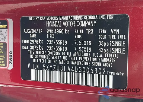 2013 Hyundai Santa Fe Sport Sport 2.0T from USA, damaged, VIN 5XYZU3LA4DG005302